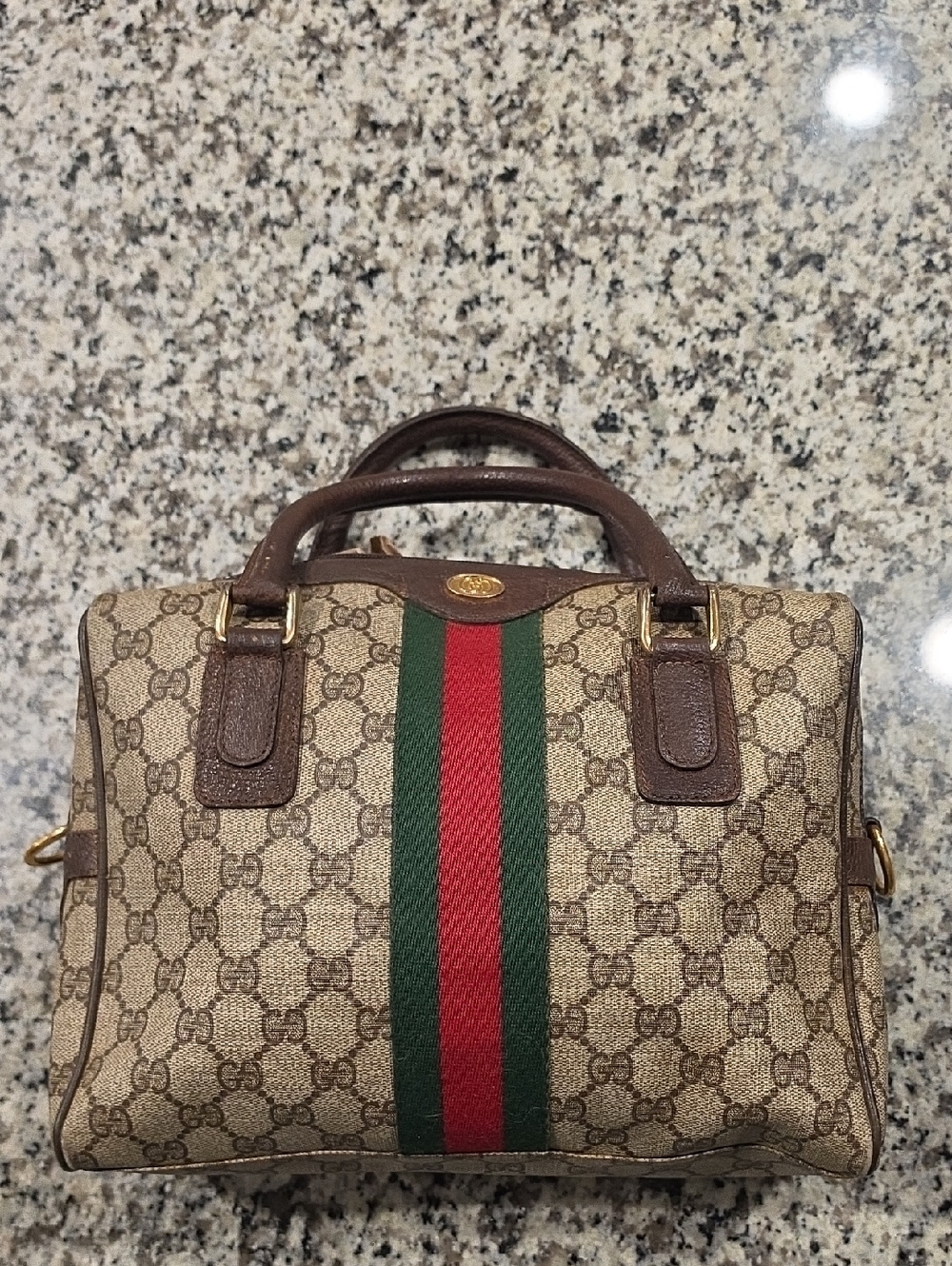 Gucci Beige Monogram Boston Bag with Green-Red Web Stripe